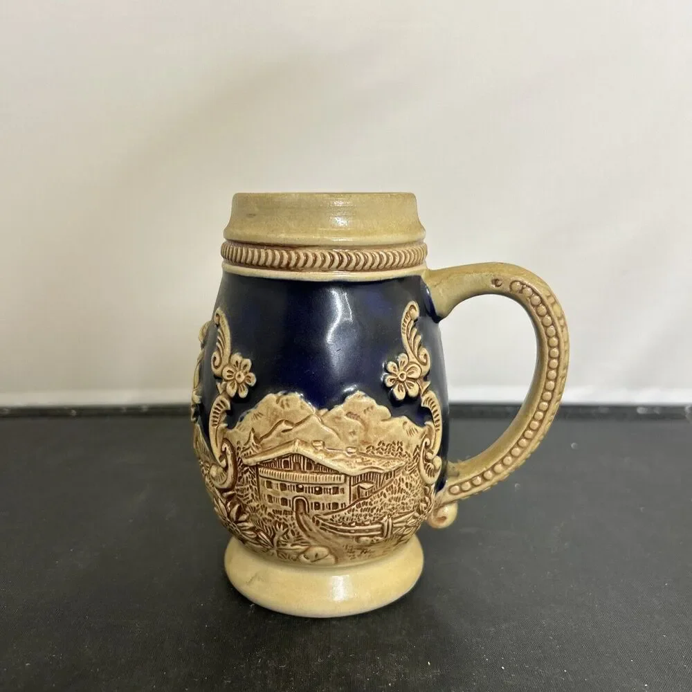 Vintage West Germany Beer Stein Mug Gerz No Lid Stoneware Blue & Tan FS Charity